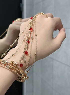 古风汉服旅拍摄影敦煌舞配饰镂空梅花红珠树叶挂坠单指环手镯手环