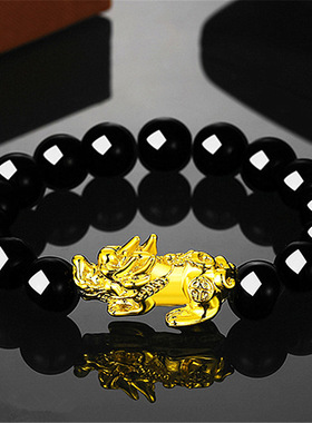 热卖仿黑曜石镀金貔貅手链霸气黑