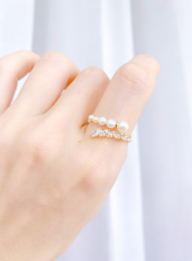 韩国夸张水晶学生可调节珍珠戒指