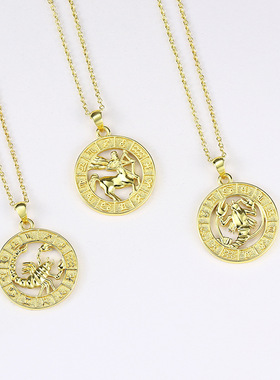 胧月 欧美流行12十二星座圆牌金币吊坠项链 镀14k金跨境爆品