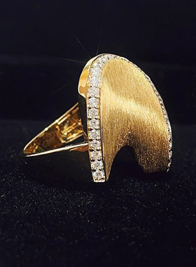 轻奢高级感手工拉丝波浪镶钻戒指小众设计复古欧美风宽版女戒指环