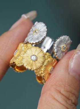 意大利手工拉丝布契风宽版双色金小雏菊戒指权志龙同款镶钻花朵女