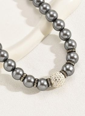 工厂欧美风仿珍珠项链个性镶嵌锆石气质深灰色锁骨链百搭链条