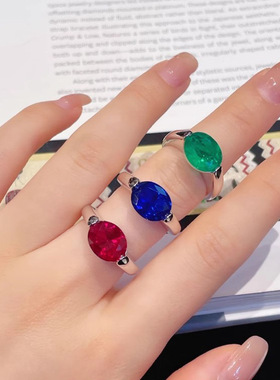 简约百搭仿真鸽子蛋祖母绿戒指镶嵌高碳钻鸽血红刚玉蓝尖晶指环女