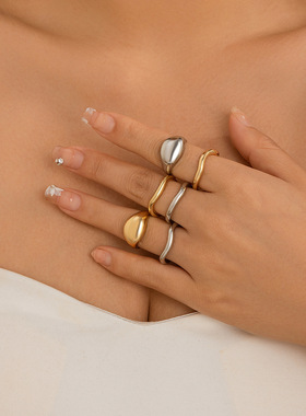 欧美跨境简约不规则熔岩开口光面Ring套装小众镂空弧形设计感戒指