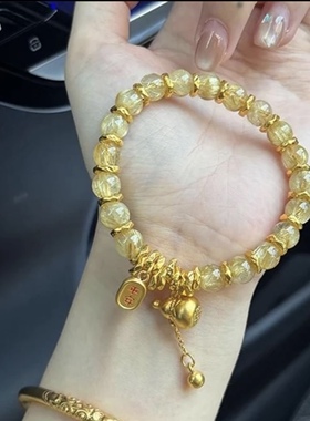 天然金发晶葫芦盘缠水晶手链古法黄金色钛发晶手串中式轻奢女士款