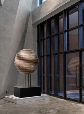 酒店大堂软装实木切片圆球落地摆件玄关美陈艺术装置售楼部装饰品