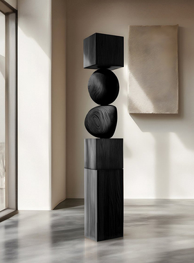 设计师样板房木雕落地摆件酒店售楼处楼梯口玄关装饰艺术雕塑装置