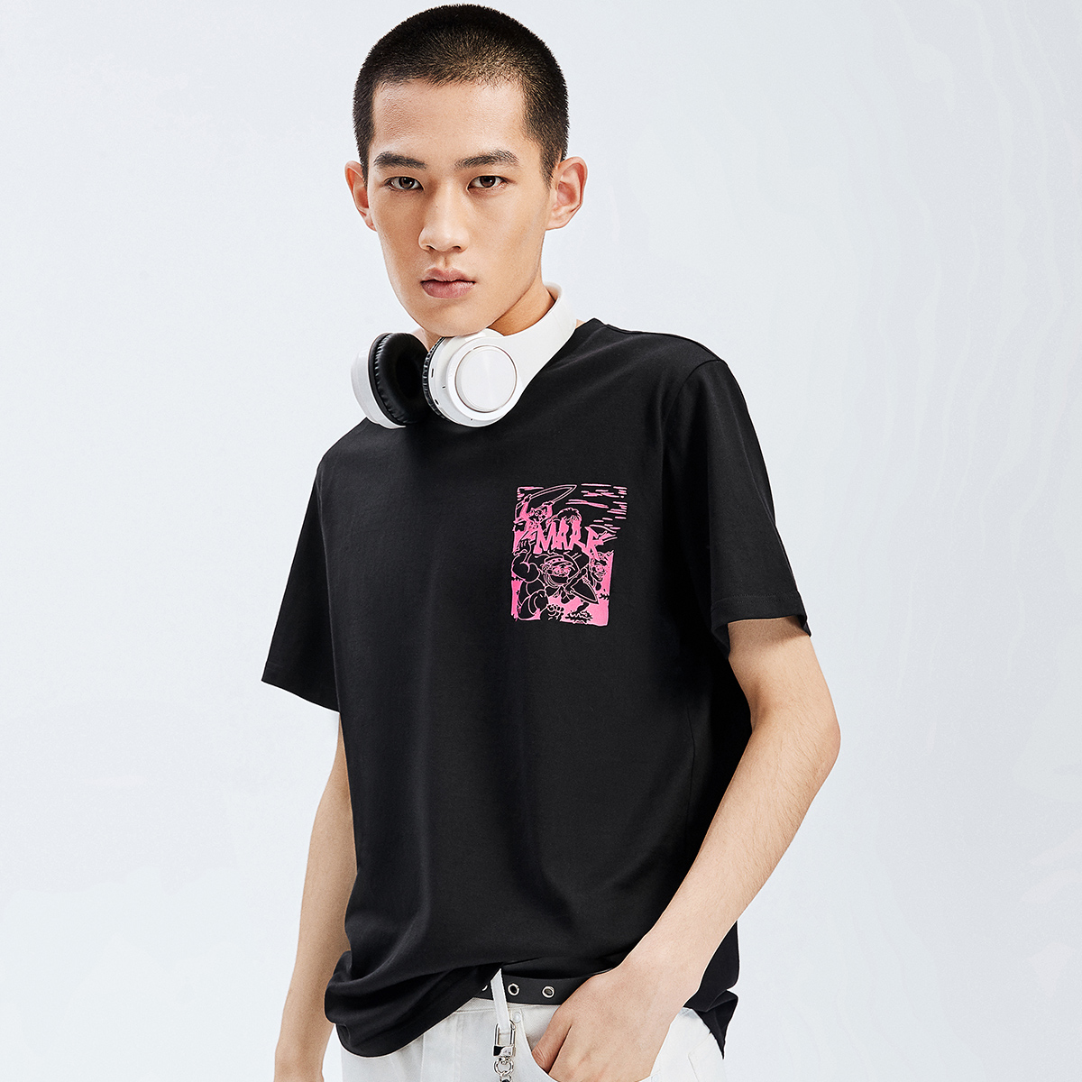 马克华菲官方旗舰店马克华菲短袖T恤男士夏季新款时尚卡通印花黑色全棉圆领上衣1