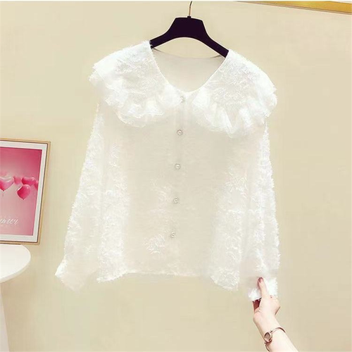 lolita内搭娃娃领衬衫加绒加厚蕾丝边大翻领衬衫女休闲雪纺衬衣潮 - 图1