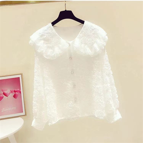 lolita内搭娃娃领衬衫加绒加厚蕾丝边大翻领衬衫女休闲雪纺衬衣潮 - 图3
