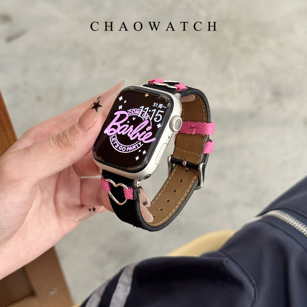 适用iwatch9苹果手表表带applewatch8爱心扣子帆布牛仔SE女款7654-图2