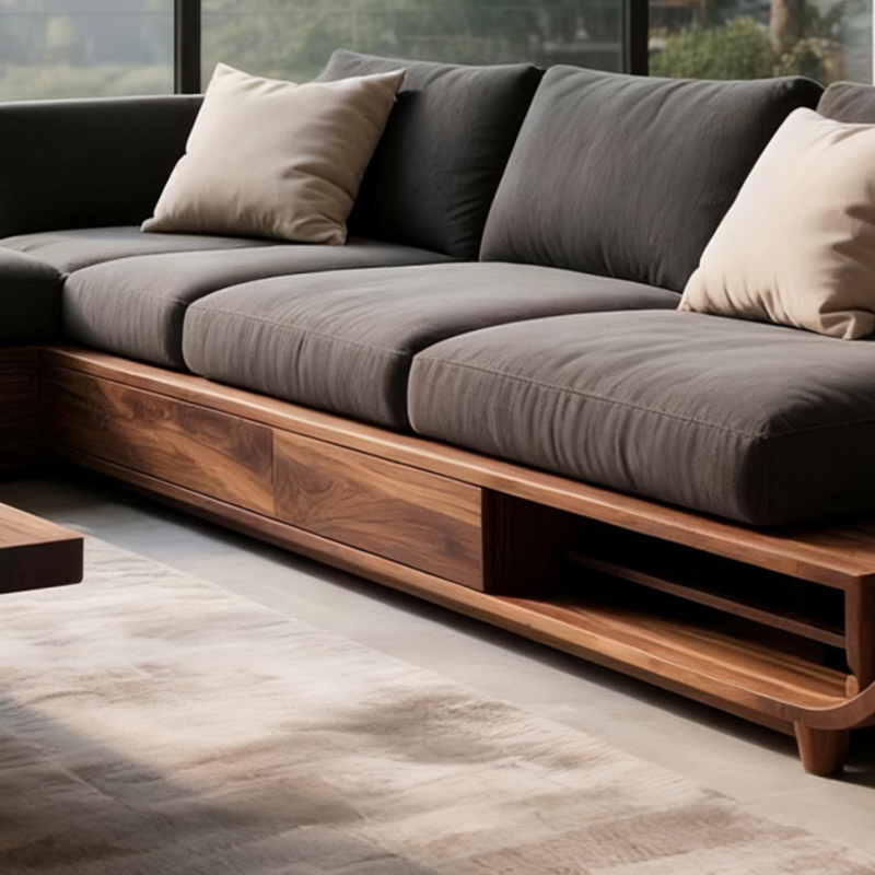 2025新款北美黑胡桃实木转角贵妃沙发组合禅意新中式简约布艺客厅 - 图1