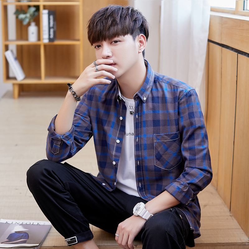 春秋季纯棉潮流格子衬衫男港风休闲百搭长袖外套中青年男装上衣服,淘宝优惠券,粉丝福利购,淘宝优惠卷
