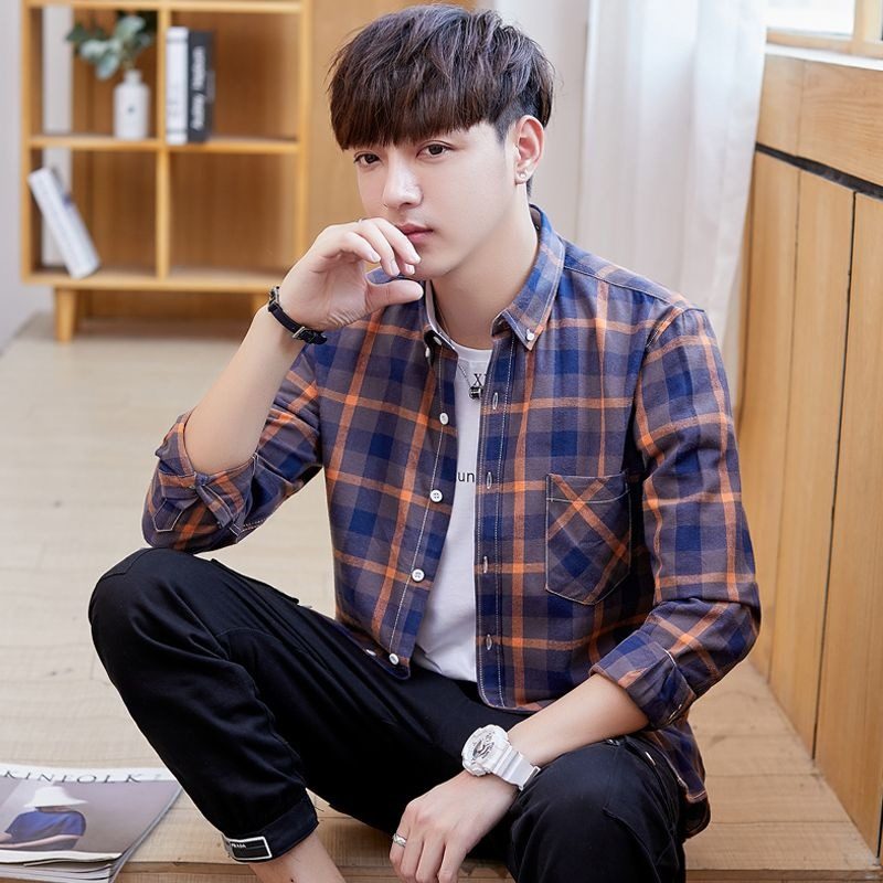 春秋季纯棉潮流格子衬衫男港风休闲百搭长袖外套中青年男装上衣服,淘宝优惠券,粉丝福利购,淘宝优惠卷