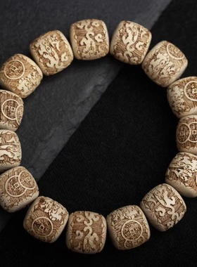 香樟木老型雕刻回纹珠貔貅手串男女佛珠单圈桶珠手链文玩饰品礼品