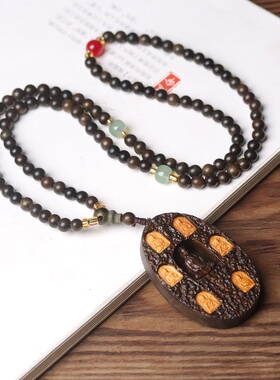 沉香木雕刻阿弥陀佛吊坠项链