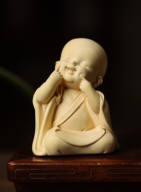 小叶黄杨木三不和尚手把件实木雕刻汽车摆件佛像桌面摆件生日礼品