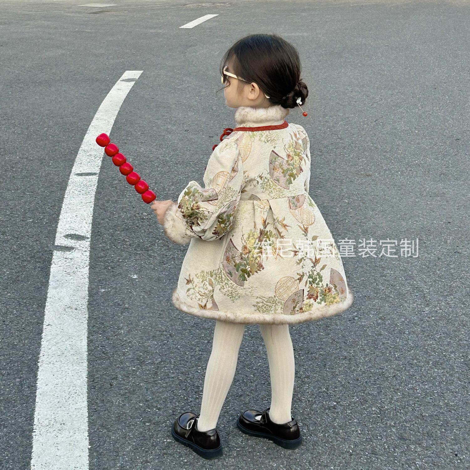 2025新款儿童宝宝雪尼尔提花加绒中国风长款大衣外套女童气质旗袍