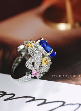 出口欧美法式天空之镜蓝宝石戒指