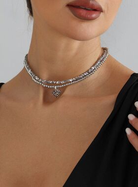 欧美跨境饰品不规则碎冰串珠爱心双层项链 ins个性百搭毛衣项饰女