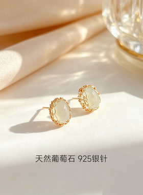天然葡萄石耳钉中国风新中式日常爆闪女性耳饰轻奢花朵易清洁