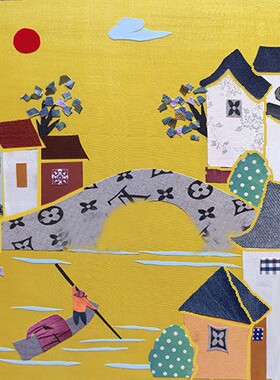 布贴画江南水乡古镇民宿半成品