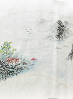 纯手绘山水画鸿运青山祥云扇面