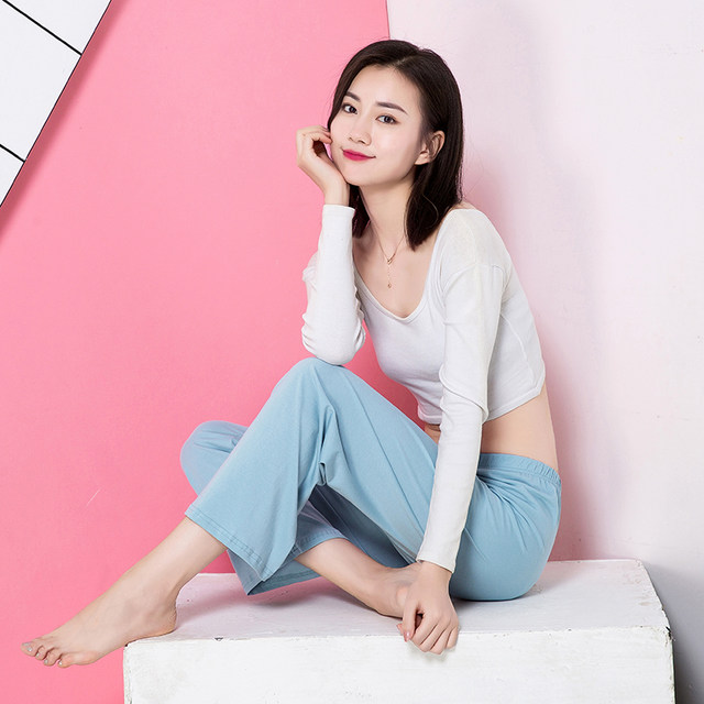 Nine-point pajama pants for women pure cotton knitted at home can be worn outside