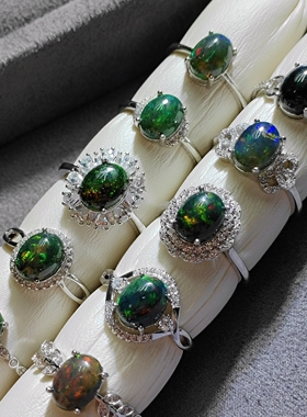 天然黑欧泊戒指925银镶嵌戒指欧泊戒指欧泊火彩好戒指欧泊银戒指