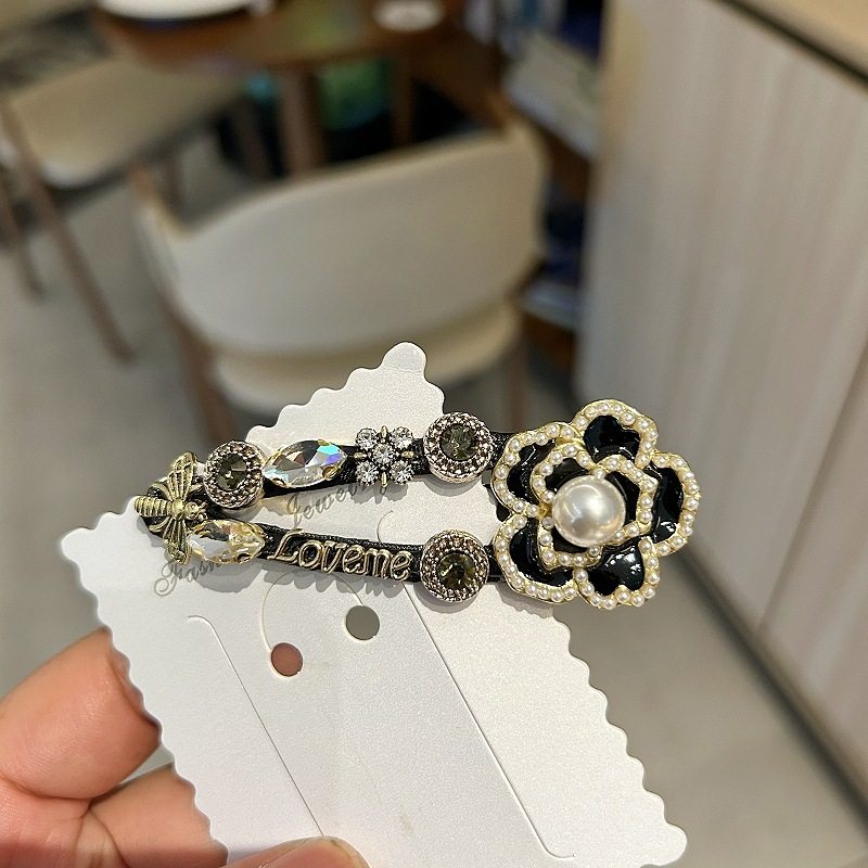 韩国复古山茶花重工发夹碎发侧边夹子BB夹精致珍珠小香风发夹批发 - 图0