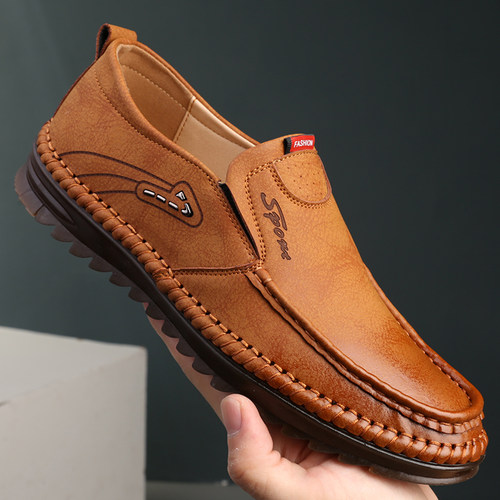 皮鞋男春秋新款休闲鞋商务男士皮鞋真皮牛筋底男鞋软牛皮豆豆鞋子 - 图1