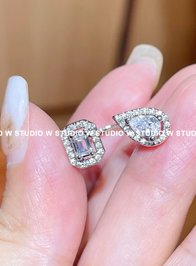 W STUDIO 小众ins冷淡风 925纯银镀金水滴钻双石开口戒指 百搭款