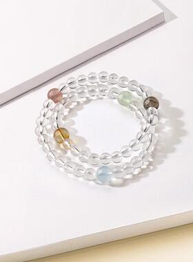 天然白水晶手串女生多宝白水海蓝宝葡萄石发晶黄晶双圈叠戴手链饰