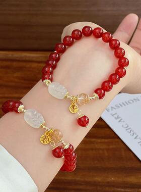 红玛瑙手串玉髓貔貅串珠手链福牌吉祥女生士款红色饰品本命年首饰