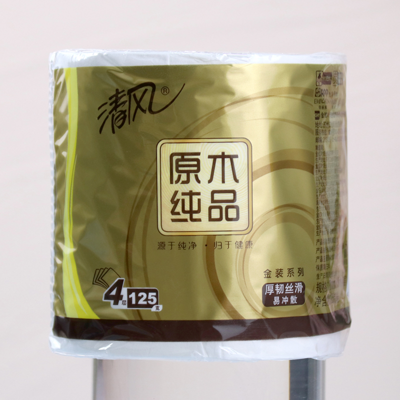 清风原木金装卷筒卫生纸4层125g12卷母婴可用可溶于水卫生间厕纸 - 图0