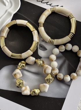 欧美风复古几何串珠拼接亚克力手镯 个性潮流拼色大理石白手镯