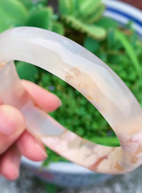 59.8圈天然冰透柠檬黄色樱花玛瑙手镯网红女款百搭飘花转运手环