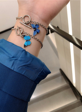 合金合成锆石手链 ins风时尚个性蓝色蝴蝶挂坠欧美潮流OT手链配