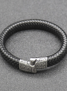 长城纹钛钢配饰定制刻字黑色皮绳