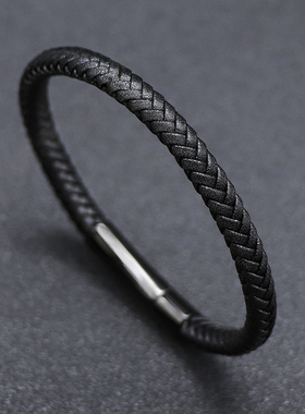 黑色编织男女皮绳手链