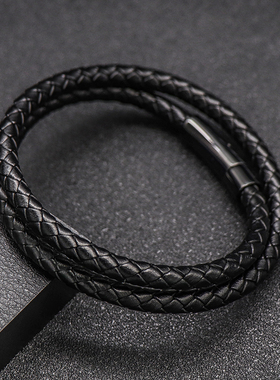 欧美风黑色双层牛皮配饰手环刻字