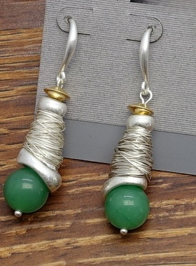 欧美风绿色石珠手工绕丝设计师腔调文艺术气质潮人耳环坠项链套装