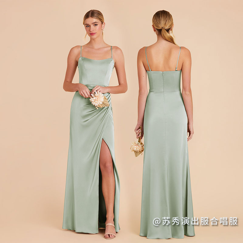简约伴娘服礼服缎面平常可穿小众豆绿色显瘦遮肉姐妹团bridesmaid