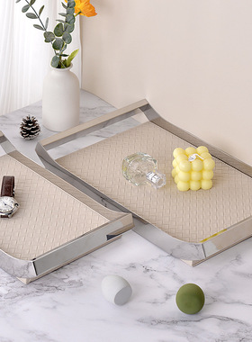 欧式创意摆件首饰置物盘家用不锈钢收纳托盘桌面香薰皮质装饰托盘