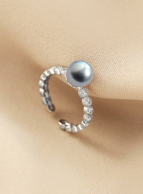 925银时尚个性海水珍珠7mm戒指新款潮女气质小众设计食指戒开口指