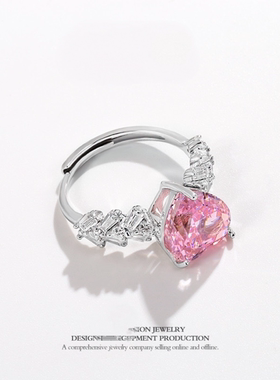 新款s925纯银粉色心形戒指时尚大方高雅奢华高级感活口戒圈网红