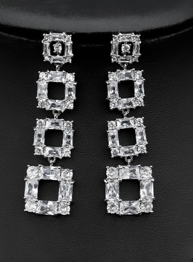 欧美风气质镂空时尚方形钻石项链耳环饰品套装宴会新娘ins首饰