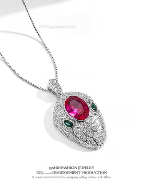 S925通体银玫红色钻石蛇头吊坠