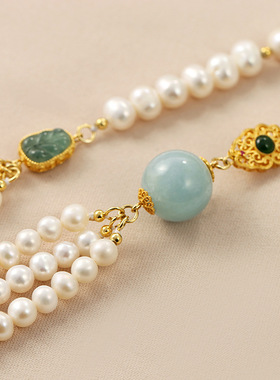 时尚多层淡水珍珠玉石项链高级感